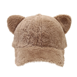 Cute brown plush baseball cap with 3D cat ears for women in winter autumn style
