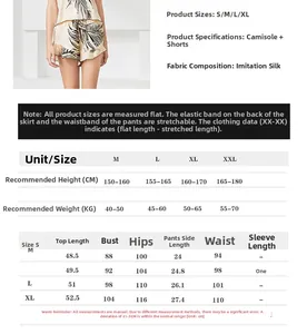 Size chart for women's satin pajama set featuring camisole and shorts with palm leaf print