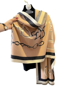Elegant khaki cashmere-like scarf with equestrian chain pattern and fringe trim