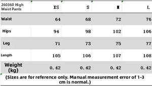 Detailed size chart for high waist trousers including waist, hip, and length measurements