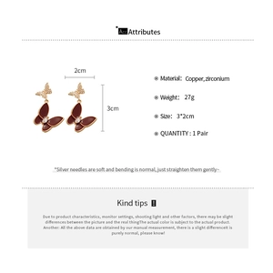 Detailed size infographic of dark red butterfly drop earrings with cubic zirconia