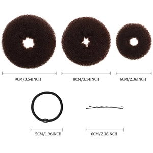 Hair donut bun maker set in three sizes with dimensions in centimeters and inches