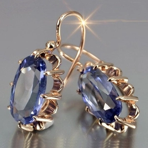 Vintage rose gold drop earrings with oval purple gemstones and zircon inlay