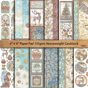 12-sheet vintage Christmas scrapbook paper set with reindeer and tree patterns for DIY crafts