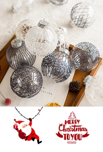 Close-up of clear Christmas ball ornaments with silver glitter and woven patterns