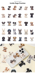 Detail view of 30 cute cartoon dog stickers used for decorating mobile phone cases