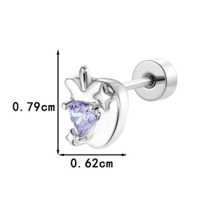 Silver apple-shaped cartilage piercing stud with purple heart zircon and dimensions