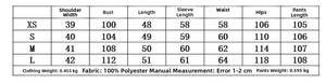 Detailed size chart for long sleeve denim shirt with body measurements and polyester fabric specs