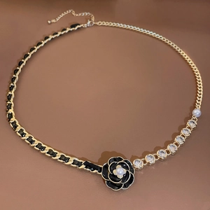 Gothic leather wrap necklace with black camellia flower and pearl chain accents