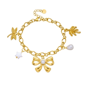 Gold plated charm bracelet with dragonfly palm tree charms and white faux pearls