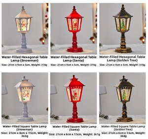 Detailed comparison of six Christmas water lanterns showing dimensions and festive designs