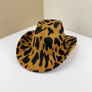 Classic western cowboy hat featuring bold leopard print and wide curved brim felt texture