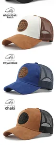 Drei Trucker-Caps in verschiedenen Farben mit Leder-Patches und atmungsaktivem Mesh-Design