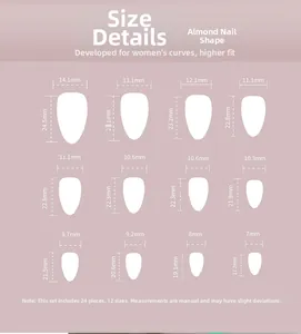 Size chart for almond press-on nails showing 24 pieces in 12 detailed dimensions