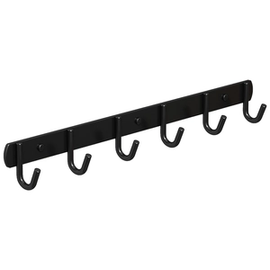 Matte black stainless steel wall hook rack with six sturdy hangers for bathrooms