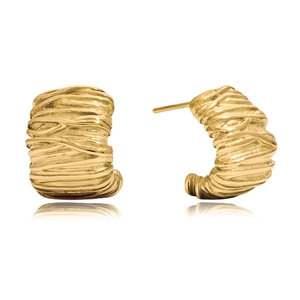 Detailed view of gold C-shaped earrings with unique molten metal texture and finish