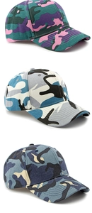 Detailed close-up of three camouflage cotton baseball caps showing twill texture and stitching