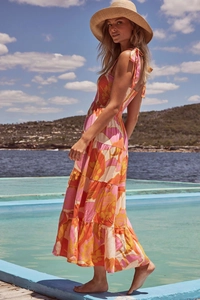 Detail of floral spaghetti strap maxi dress with smocked bodice and tiered skirt