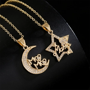 Mama Mom Pendant Necklace Copper 18K Gold Plated Cubic Zirconia Star Moon Heart Mother's Day Gift For Women