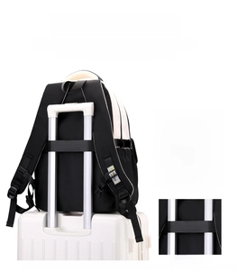 Detail of waterproof nylon backpack with luggage strap and anti-theft back pocket