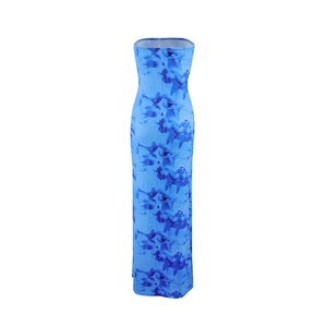 Detail view of the blue tie-dye printed strapless maxi dress with a slim fit cut