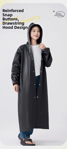 Detail of durable snap buttons and adjustable drawstring hood on black EVA raincoat