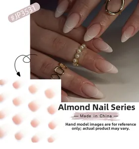 Almond shape press-on nails featuring a pink gradient and white curves for women