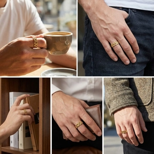 Gold watch link ring for men shown in various daily lifestyle and business scenarios