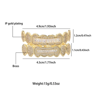 Hip hop gold plated iced out grillz set with crystal zircon and dimension measurements