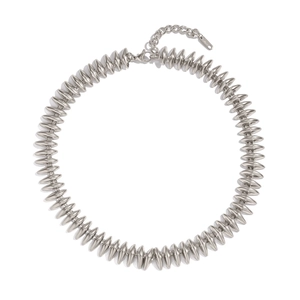 Detailed view of silver stainless steel necklace with bullet pendants and lobster clasp