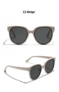 Detail view of beige retro square oversized sunglasses with dark grey lenses C2