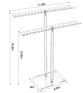 Clear acrylic jewelry stand with double layer hooks and dimensions in inches