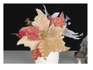 Detail of 3-layer glitter artificial poinsettia with golden berries for Christmas trees