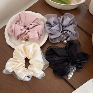 Oversize Satin Mesh Scrunchies Elegant Faux Artificial Pearl Crystal Beaded Hair Ties High Elastic Ponytail Holder French Accessories