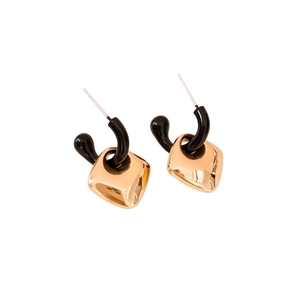 Minimalist geometric drop earrings featuring black U-hooks and rose gold diamond pendants