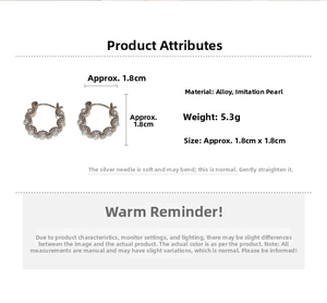 Detail showing S-shaped alloy pearl earrings with dimensions 1.8cm and weight 5.3g