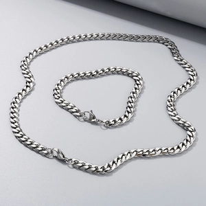 Silver stainless steel Cuban chain necklace and bracelet jewelry set with lobster clasp