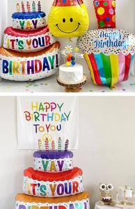 Three-tier birthday cake foil balloon set with colorful smiley face party decorations