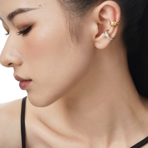 Unisex S925 sterling silver ear bone clips with gold texture and zircon pavé detail