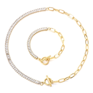 Gold chain jewelry set with rectangle cubic zirconia and toggle clasp closure