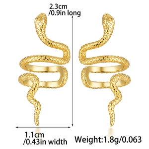 Detail view of gold snake ear cuffs with dimensions showing 2.3cm length and 1.1cm width