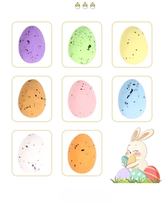 Detail view of 8 colorful speckled foam Easter eggs in a decorative grid layout