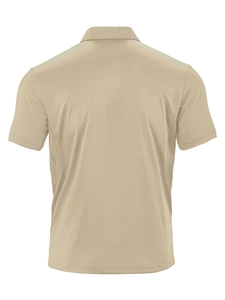 Rear view of khaki short-sleeve polo shirt showing tailored cut and breathable mesh texture
