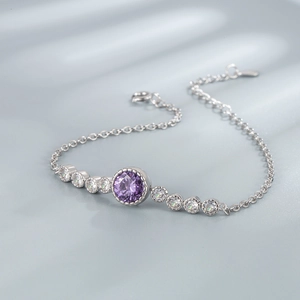 Elegant S925 sterling silver ocean heart bracelet with purple round stone and white zircon