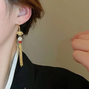Elegant Chinese cloud tassel drop earrings with white beads and long golden chains
