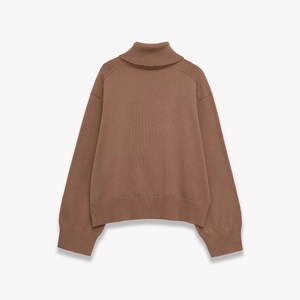 Coffee brown high neck knit sweater with ribbed cuffs and drop shoulder in minimalist style