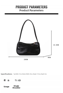 Detailed size specifications and material chart for black PU leather underarm bag
