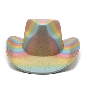 Macro shot of rainbow glitter sequins and metallic texture on a western cowboy hat