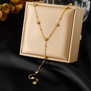 Y-Shaped Necklace Stainless Steel With Round Rhinestone Accents Tassel Chain Elegant Jewelry For Women