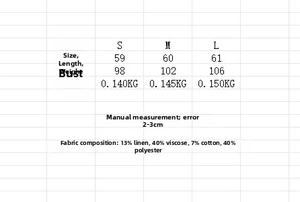 Size chart showing S to L measurements and linen blend fabric details for women set